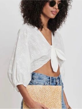 Zara White Eyelet Tie-Front Crop Top